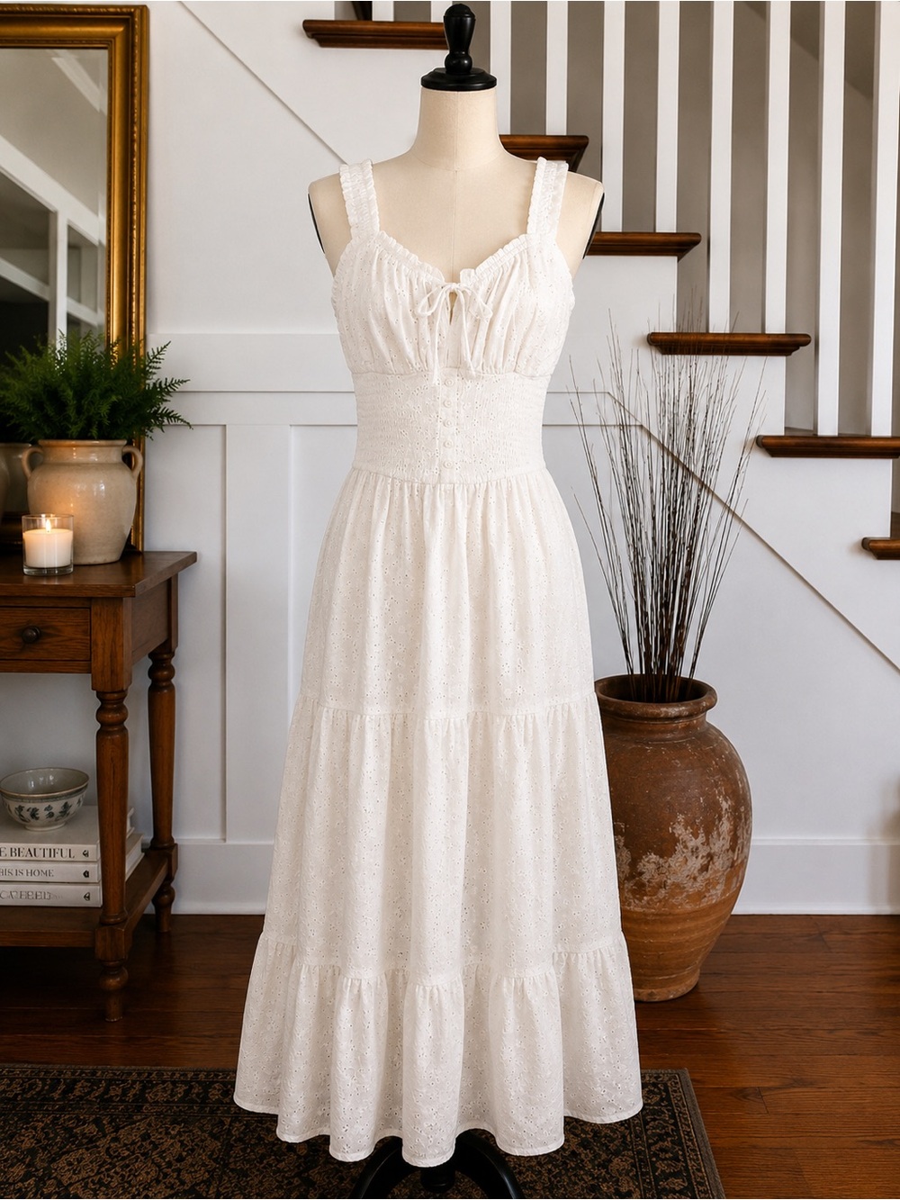 Hollister White Eyelet Maxi Dress Cottagecore Smocked Waist Romantic Summer Dres